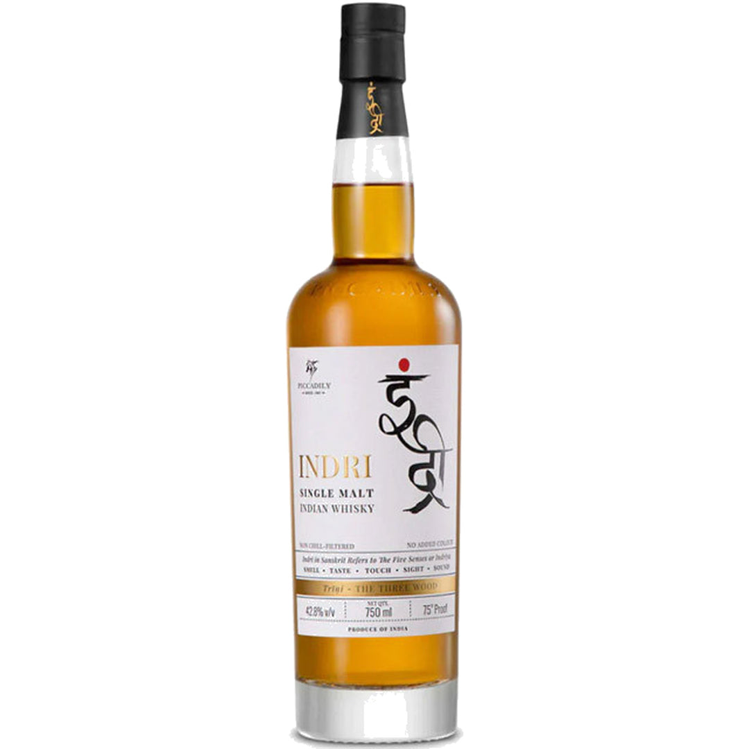 Indri Trini three wood Indian single malt whisky bottle
