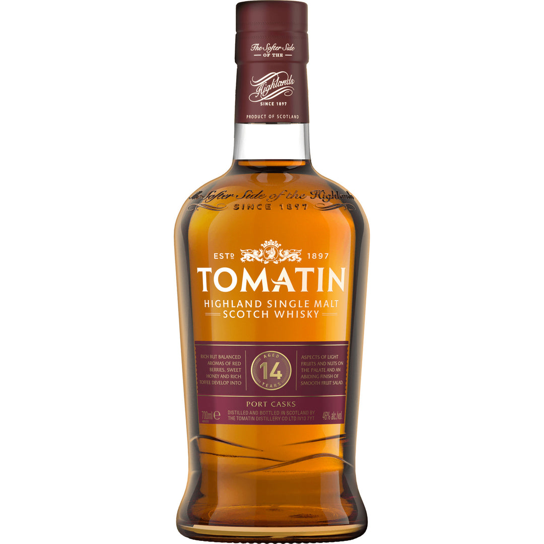 Tomatin 14 Year Old Port Cask single malt Scotch whisky bottle