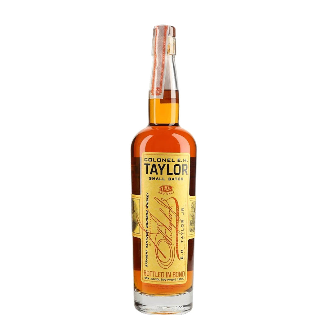 Colonel E.H. Taylor Jr. Small Batch Bottled in Bond bourbon whiskey bottle on pure white background, label readable, complete bottle shown bottle
