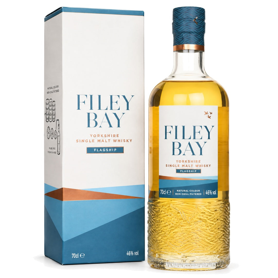 Filey Bay Flagship Yorkshire single malt whisky bottle