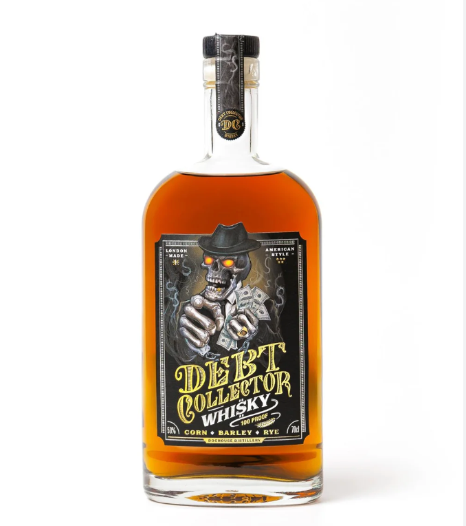 Bottle of Debt Collector Whisky with a skeleton in a hat on the label against a white background