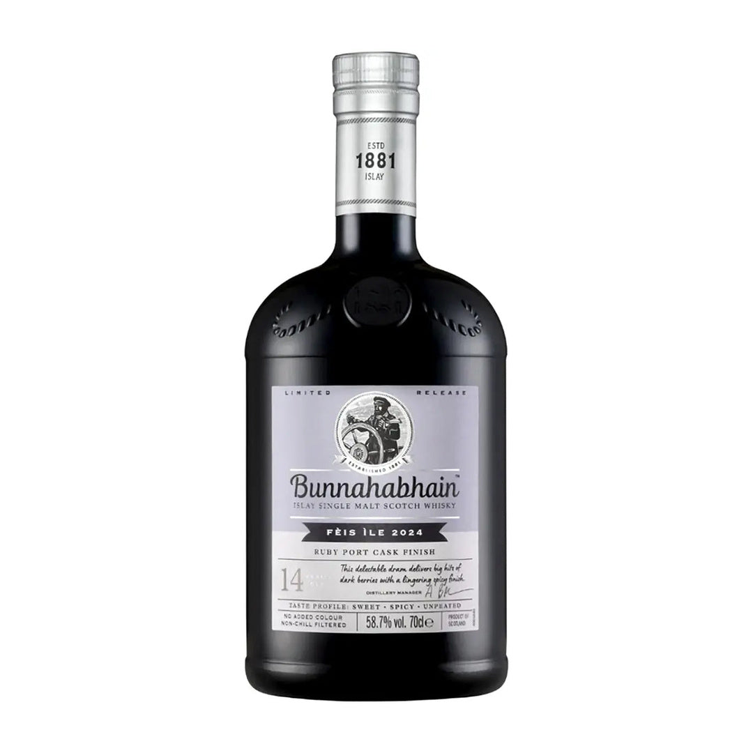 Bunnahabhain Fèis Ìle 2024 14 Year Old Ruby Port Cask Finish single malt Scotch whisky bottle