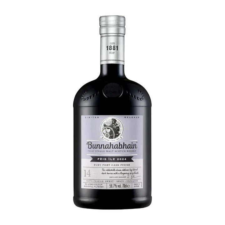 Bunnahabhain Fèis Ìle 2024 14 Year Old Ruby Port Cask Finish single malt Scotch whisky bottle