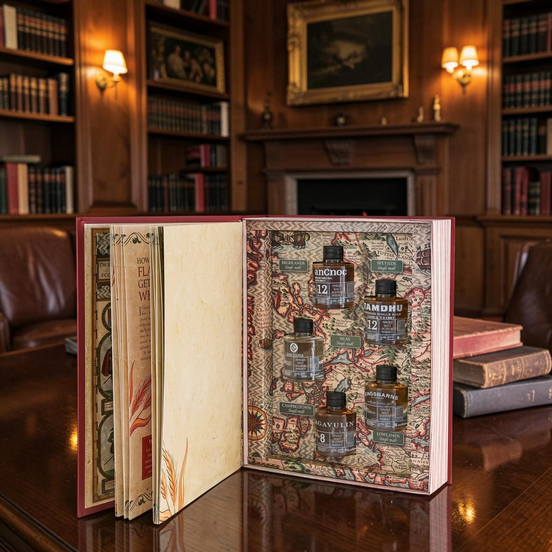 Open Book of Scotch whisky tasting set showing five Scotch whisky regions and single malt drams