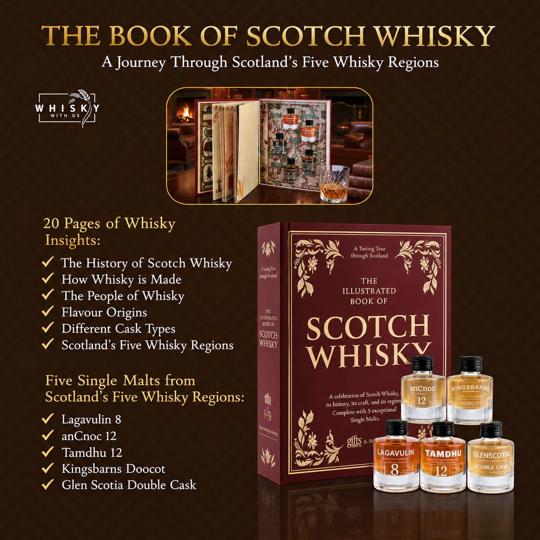 Book of Scotch whisky gift set with 20-page illustrated guide and five single malt whiskies
