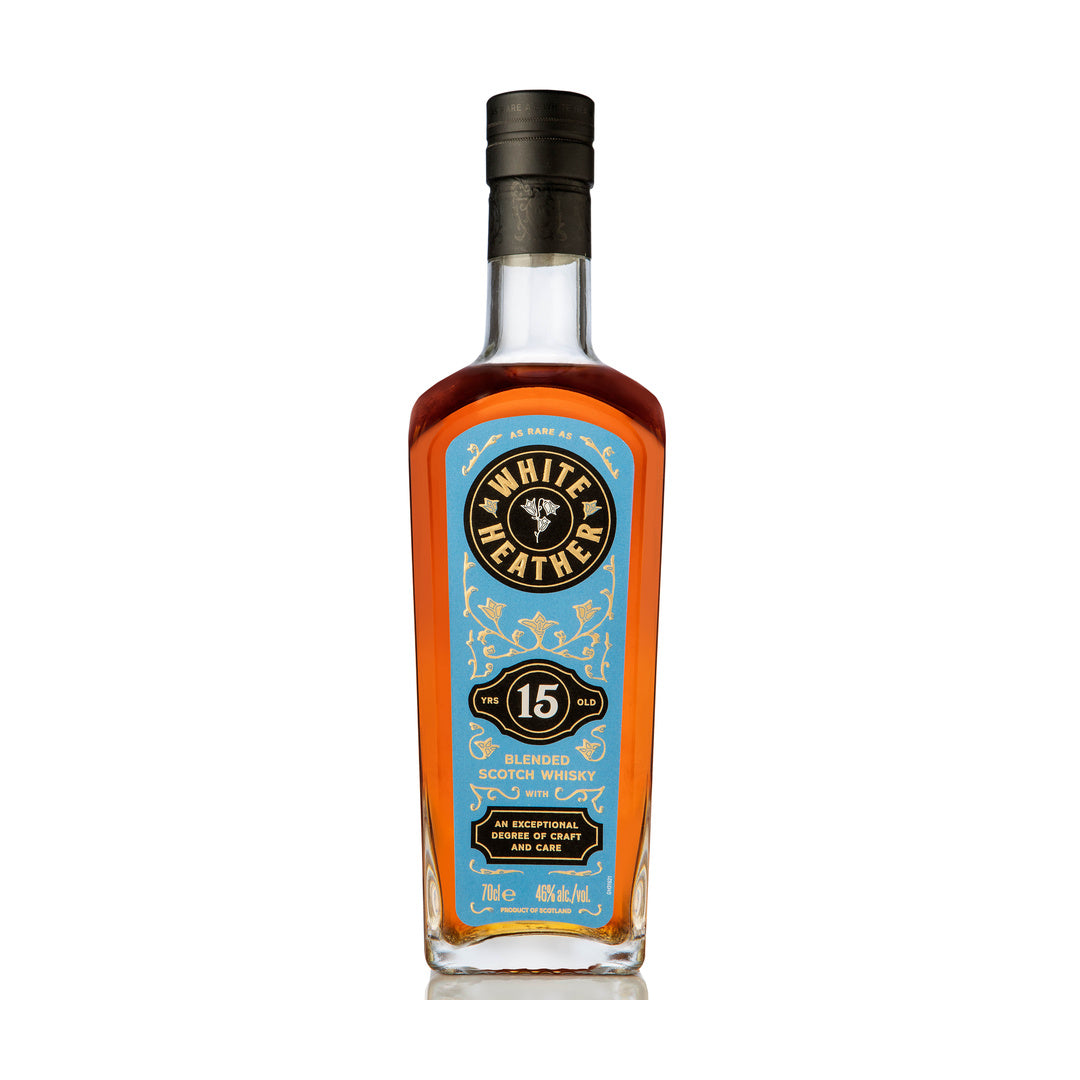 White Heather 15 Year Old blended Scotch whisky bottle on white background, front label visible bottle