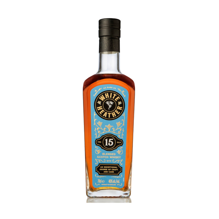 White Heather 15 Year Old blended Scotch whisky bottle on white background, front label visible bottle