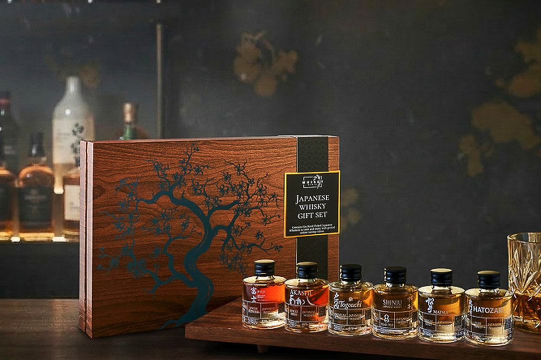 Japanese whisky tasting set with six 3cl bottles of Fuji, Shinju, Togouchi, Hatozaki, Akashi and Matsui whisky in a gift box