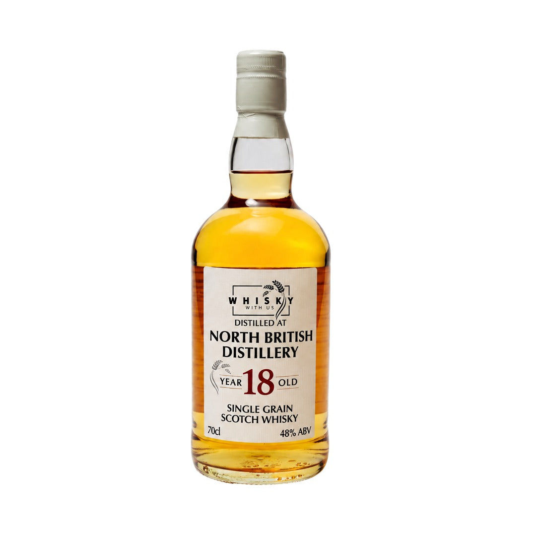 Whisky With Us North British 18 Year Old single grain Scotch whisky bottle, 48% ABV