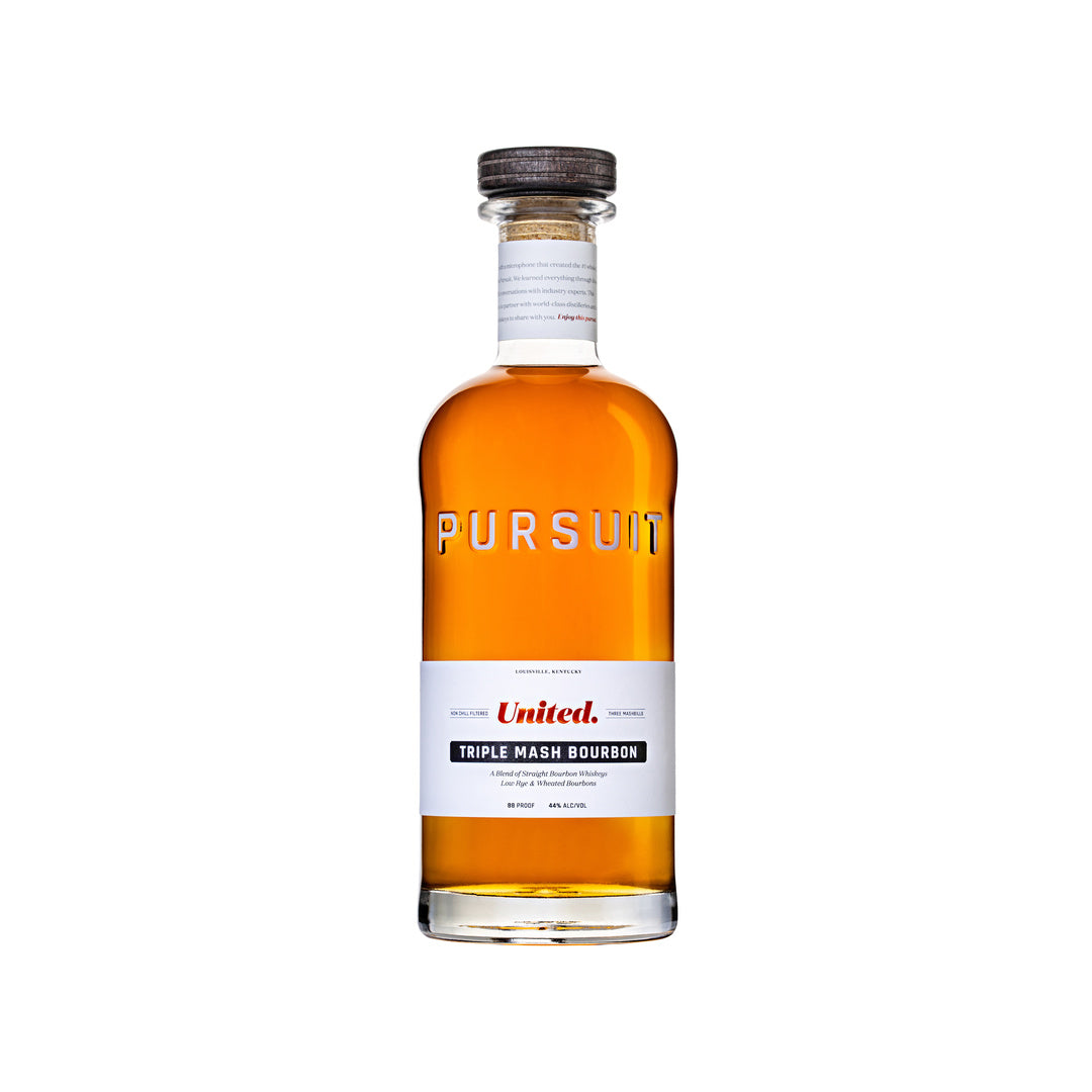 Pursuit United Triple Mash Bourbon whiskey bottle on a pure white background bottle